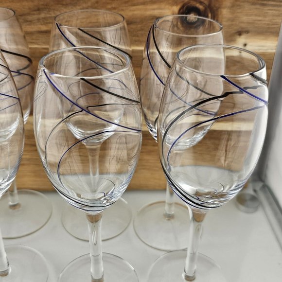 6) Fused Glass Swirl Delicate Double Line Champagne Flutes 8" Glasses blue black - Picture 8 of 11